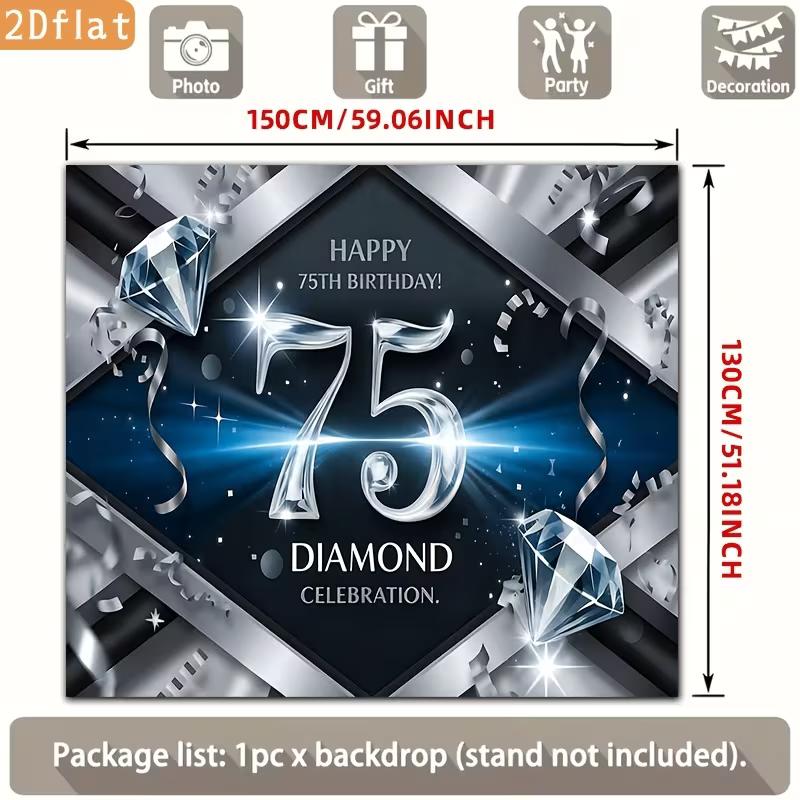 2D 75th Birthday Photography Backdrop Diamond Celebration & Silver Confetti Party Background