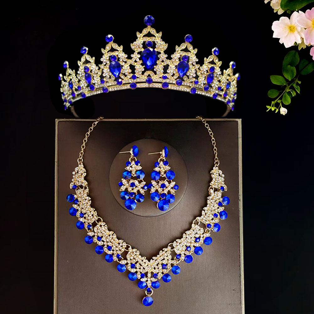 Koreanische Super Fee Brautkrone Dreiteiliges Set Hochzeitskrone Tiara Halskette Ohrringe Super Funkelnd Hochzeitskleid Accessoires