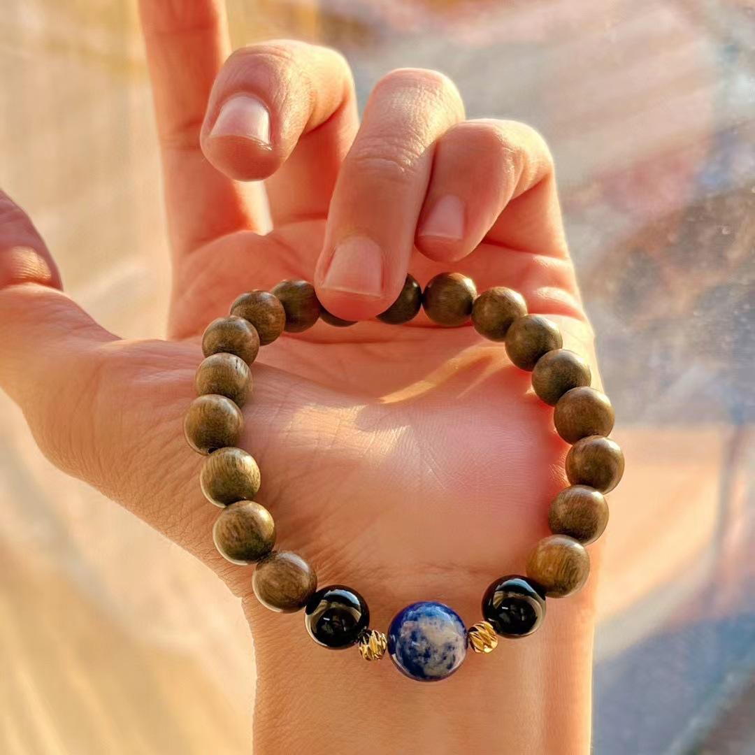 Vintage Natural Black Agate Lapis Lazuli Sandalwood Bracelet Bracelet.