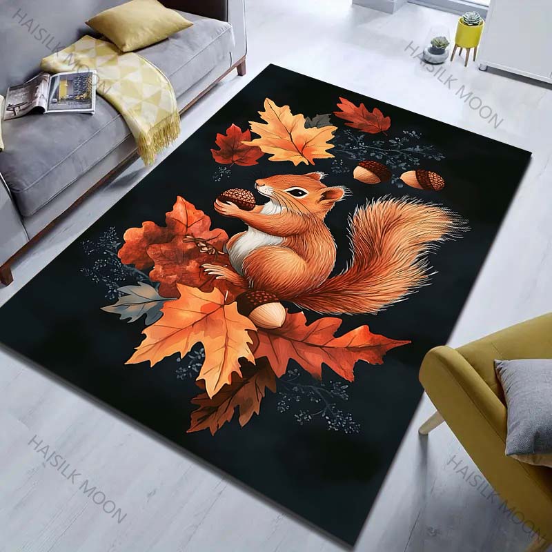 Multiple Sizes Autumn Leaves Squirrel Printed Carpet for Bedroom Living Room Bedside Sofa Floor Mat Modern Home Decor Area Rug