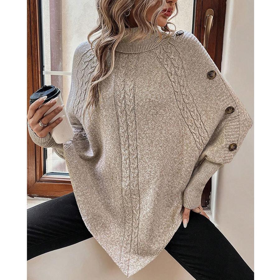 Autumn Winter New Knitted Sweater Women's Clothing, Cable Knit High Neck Button Long Sleeve Top