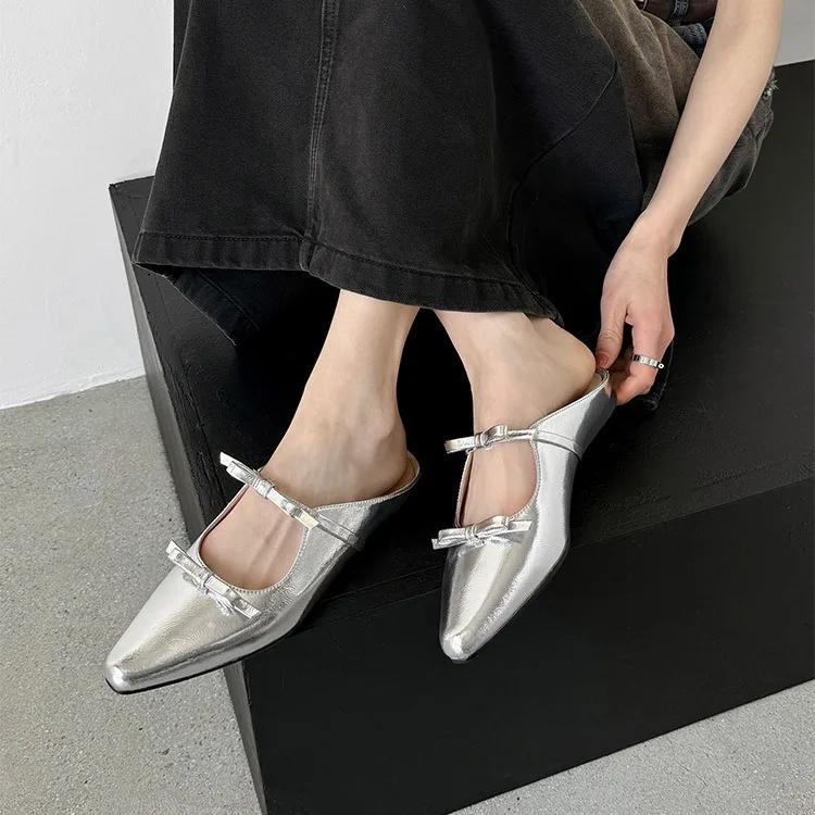 

Мода 2024 года, новые роскошные женские туфли Мэри Джейн с бантом, остроконечные, из блестящей искусственной кожи, балетки на плоской подошве, вечерние платья, женские тапочки, Zapatos De Mujer 41 серебряный