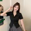 Hot Girl Design Chic Polo Neck Short-sleeved T-shirt Women's Summer Front Shoulder Niche Bow Irregular Cropped Top