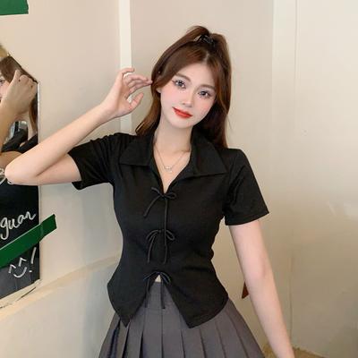 Hot Girl Design Chic Polo Neck Short-sleeved T-shirt Women's Summer Front Shoulder Niche Bow Irregular Cropped Top