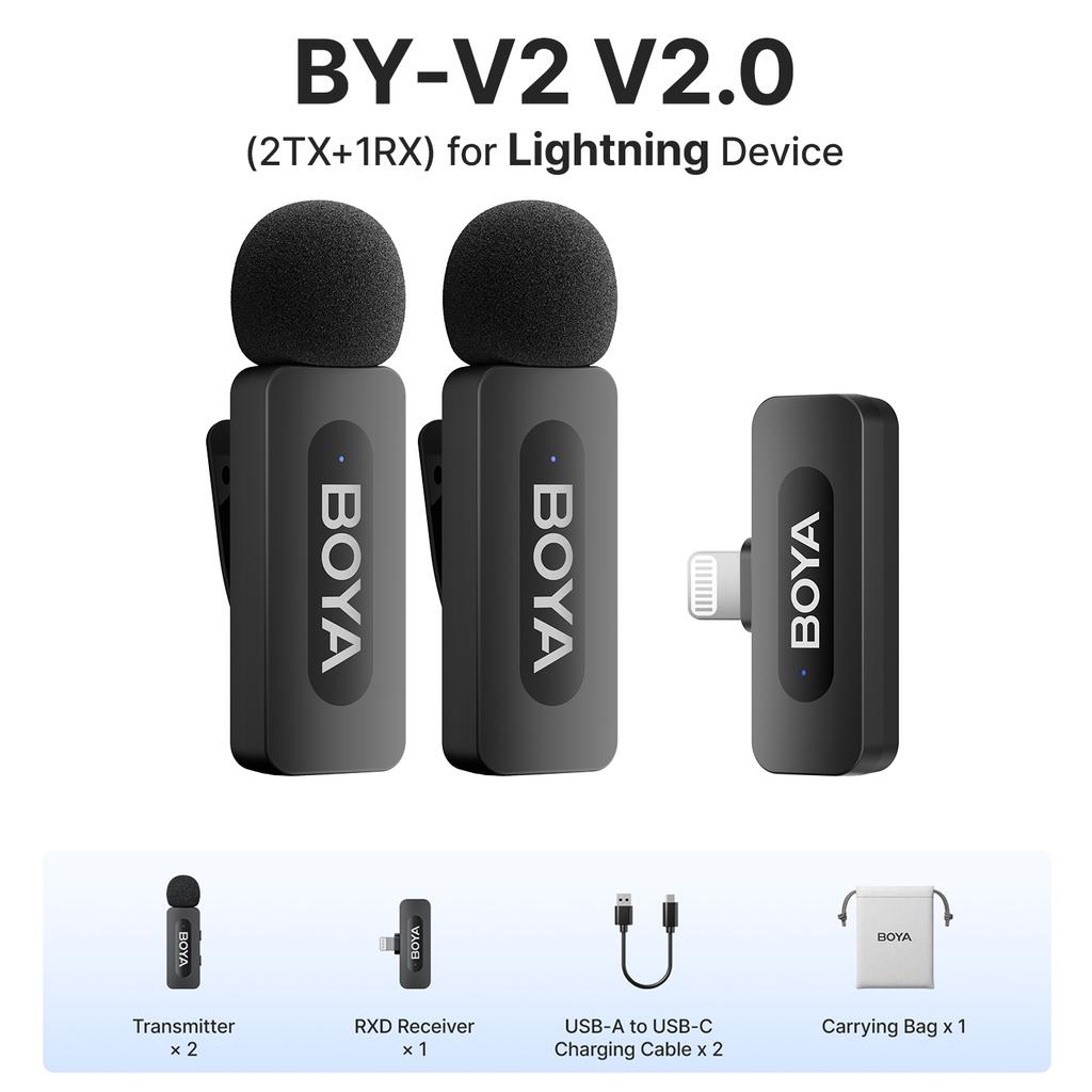 Microfono lavalier wireless BOYA BY-V3 con clip, microfono ricaricabile con cancellazione del rumore per iPhone, Android, fotocamera, live streaming, vlogging