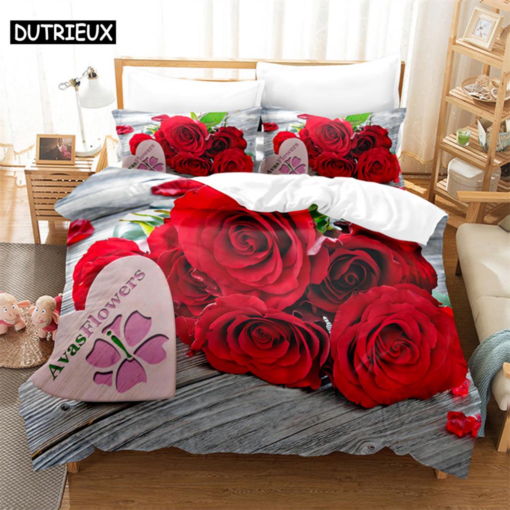 Luxury Red Rose Queen Bedding Set Duvet Cover Set Bedding Comforter Bedding Sets Bed Linen King Size Duvet Cover Bedding Set