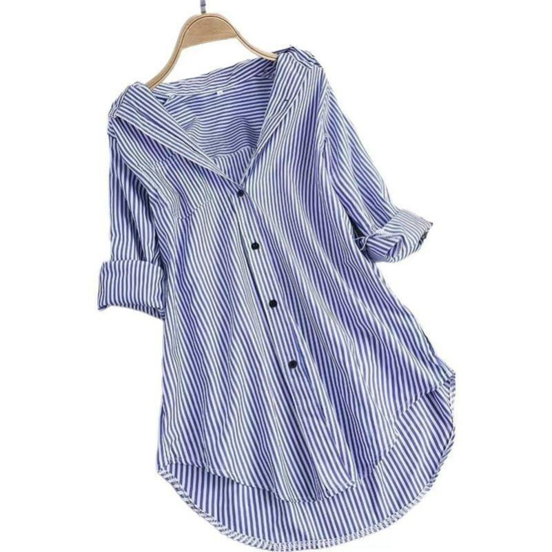 Spring and Summer Chic Striped Long-sleeved Loose Shirt with Lower Collar Women