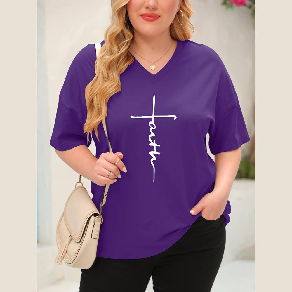 (XL~5XL) Женская однотонная свободная футболка с коротким рукавом с буквенным принтом — фото 9