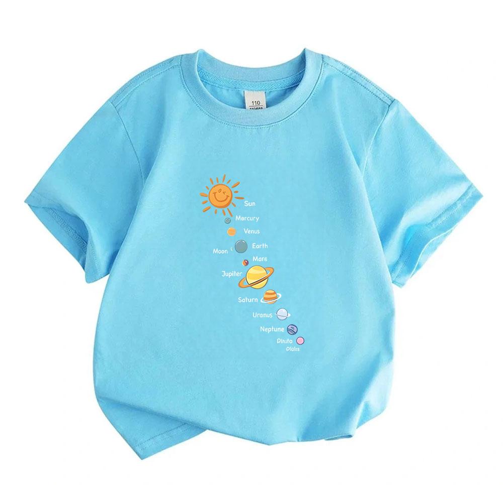 Kids Boys Girls 100% Cotton Crew Neck Short Sleeve T-Shirt, Cute Cartoon Solar System Sun Planets Print Casual Soft Breathable Tee for Children Daily
