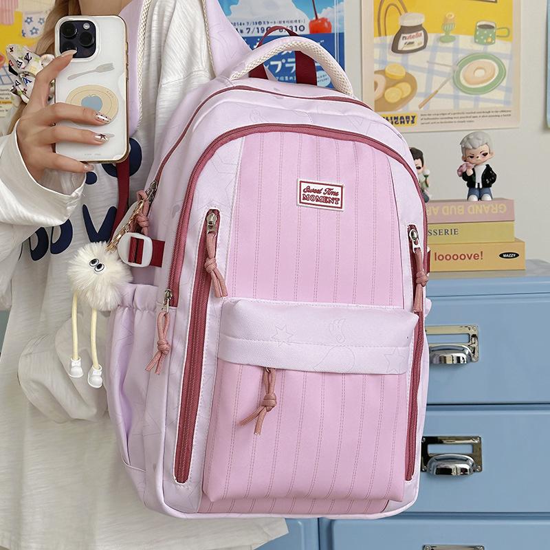 Schoolbag Female college style lightweight versatile soft girl backpack Korean version ins tree stripe junior high school travel bag