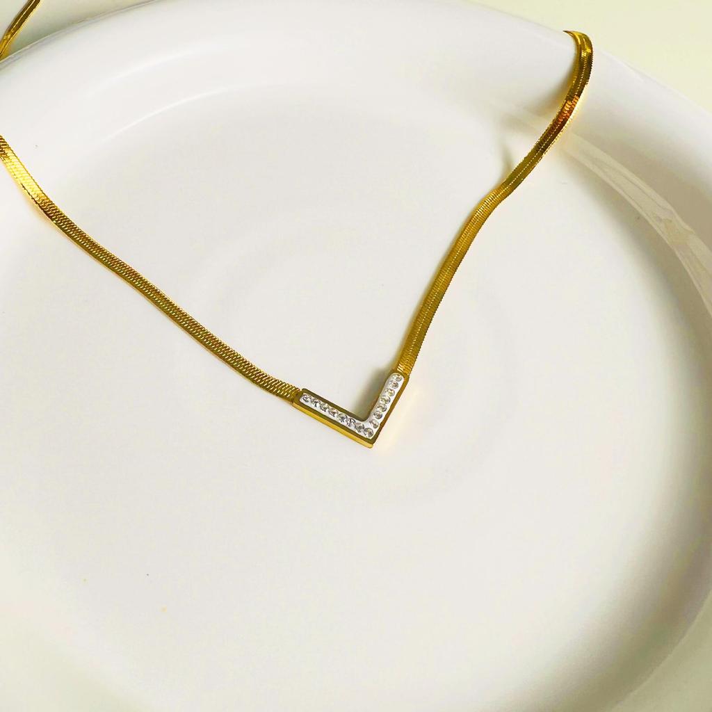 European & American V-Shaped Titanium Steel Necklace with Luxurious Flat Snake Chain - Durable & Fade-Resistant