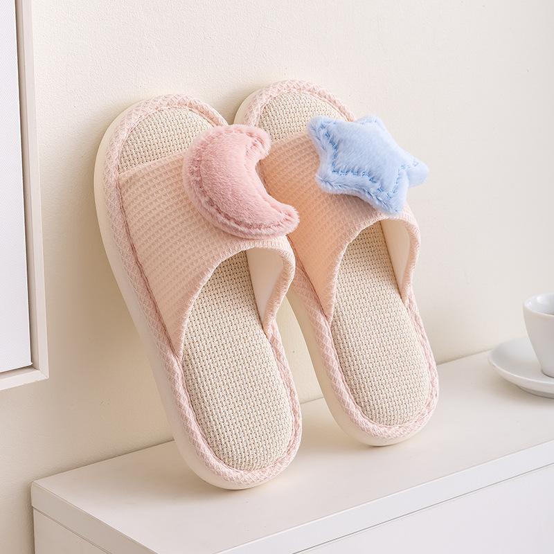 

Льняные тапочки, комнатные прохладные тапочки для девочек с рисунком звездной луны, домашние хлопково-льняные тапочки на толстой подошве 40-41 розовый