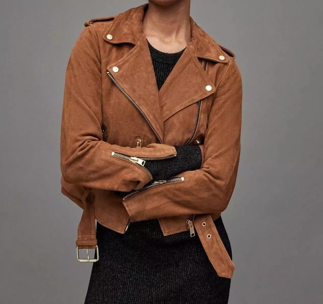 Стильная оригинальная куртка из замши из овчины, женская, коричневая, ручная работа, байкерская, мото XS коричневый