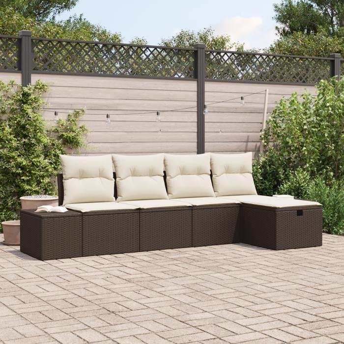VidaXL Ensemble de Canapé de Jardin 5 Pièces avec Coussins Rattan Poly Marron 3359357