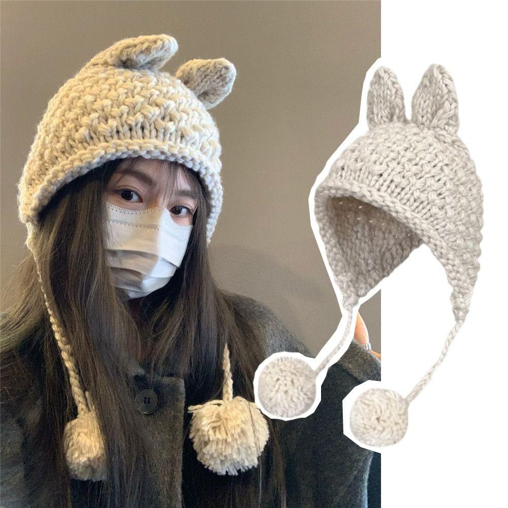 Hand-crocheted Y2k Knitted Hat New Design Ear Protection Hat Fashion Rabbit Ear Knit Hat  Girls