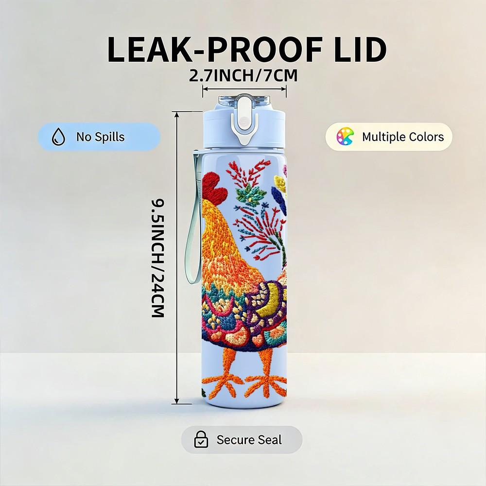 1PC Colorful Rooster Folk Art Pattern 750ml Color Plastic Sports Water Bottle Leakproof Flip Straw Lid Suitable for Sports Office Home Use