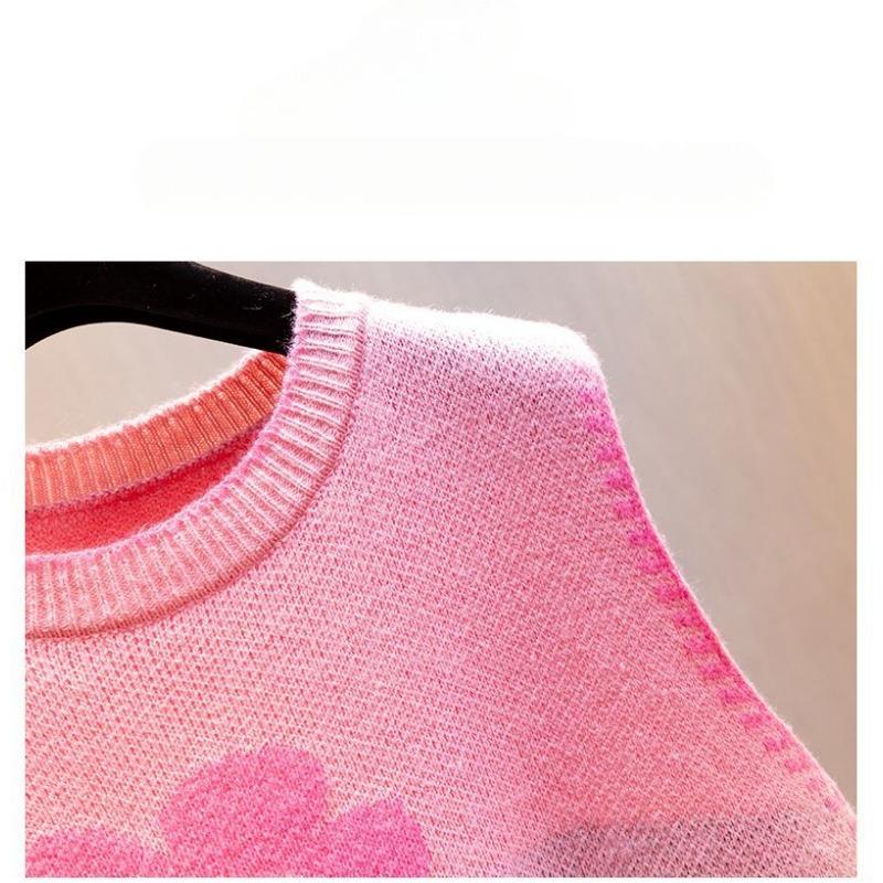 Round Neck Knitted Vest Embroidered Flowers Splicing Color Design Women's Knitted Pullover Sweater Loose Casual Top Autumn