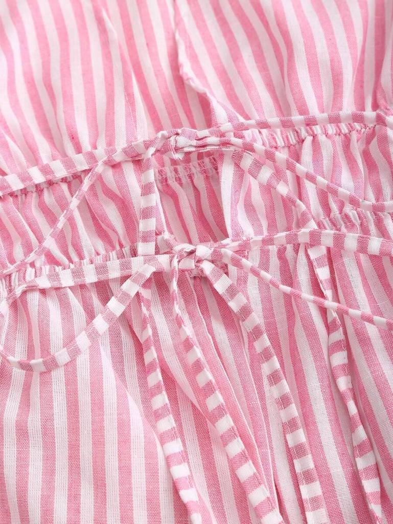 Damen Herbst Gestreiftes V-Ausschnitt Oberteil mit Bindebändchen und Glockenärmeln mit Rüschen