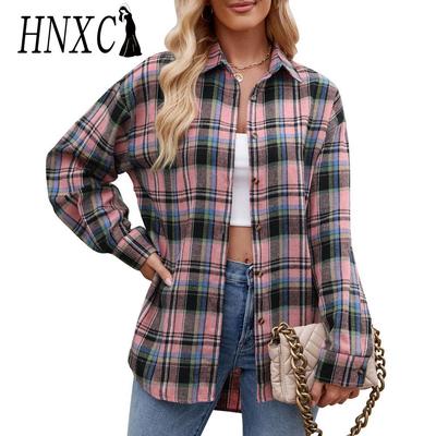 Women's Fashion Casual Autumn Winter Plaid Print Long Sleeve POLO Neck Blouses & Shirts