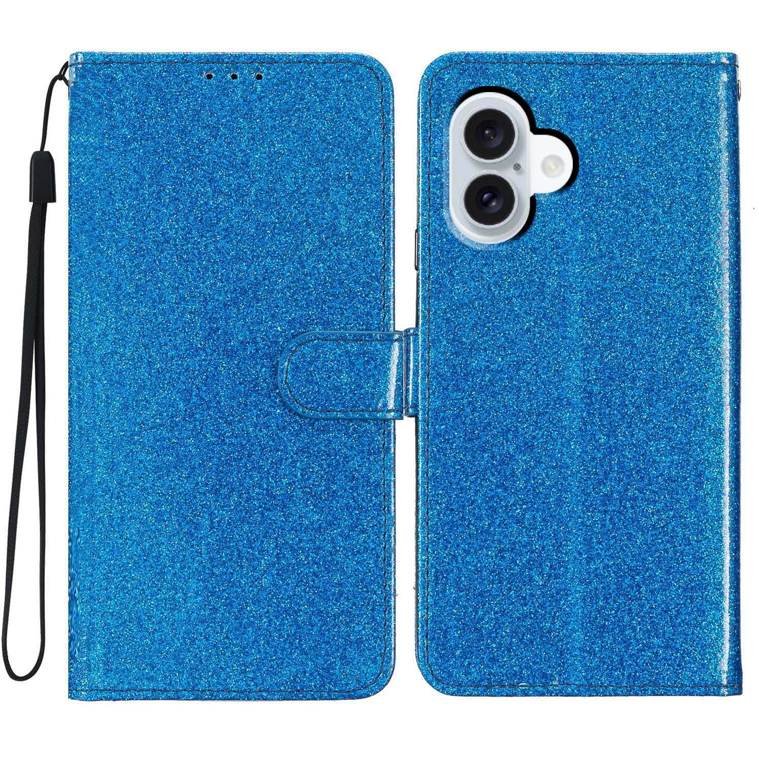 

For iPhone 17 Wallet Case Glitter Anti-Scratch Leather Stand Phone Cover with Strap Blue