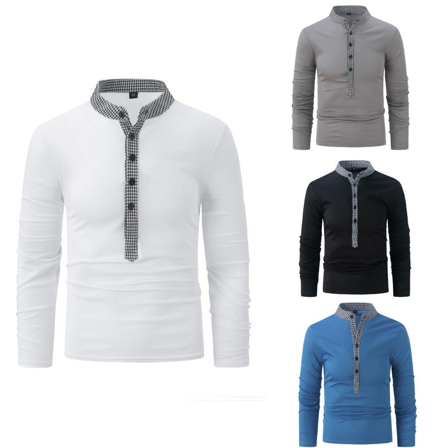 Men's Polo Shirt Long Sleeve Plaid Stand Neck T-shirt Spring Autumn Casual Fit Top Men