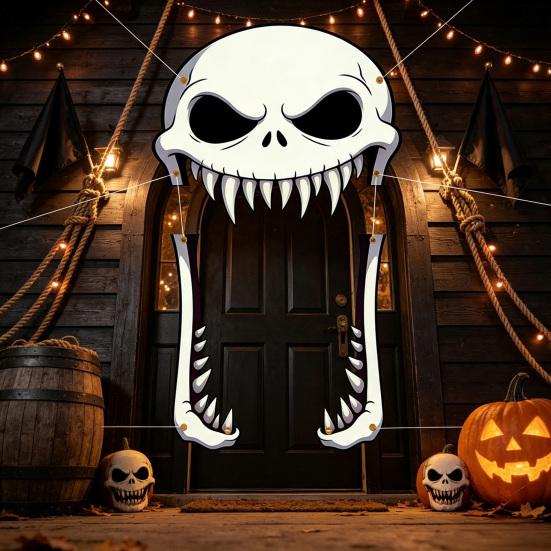 Front Door Background Decor Halloween Giant Skull Banner, Spooky Skeleton Porch Hanging Creative Scary Entrance Banners for Yard, Outdoor Party