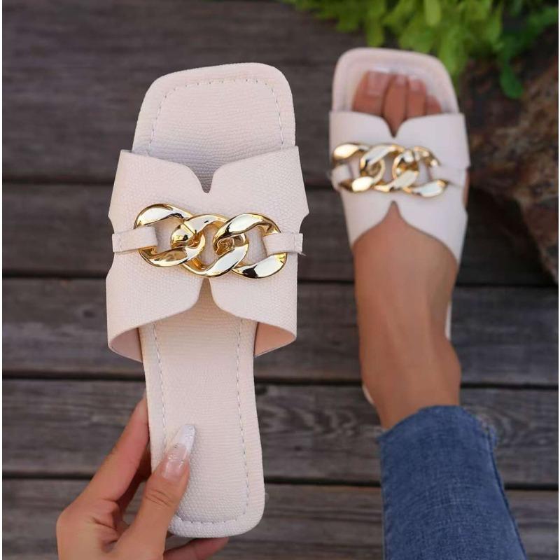 New Flat Leopard Women'S Slippers New American Metal Chain Square Toe Flat Shoes Women'S Sandals Slippers Zapatos