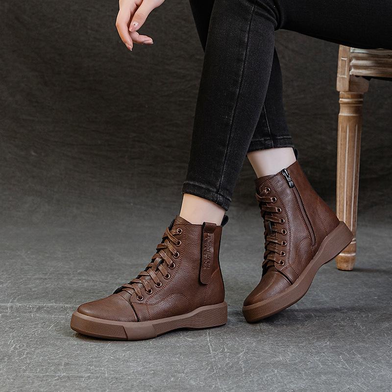 New Martin Boots Women's Soft Leather Short Boots Thick-soled Spring and Autumn European and American Single Boots Round Head Lace-up Single Boots