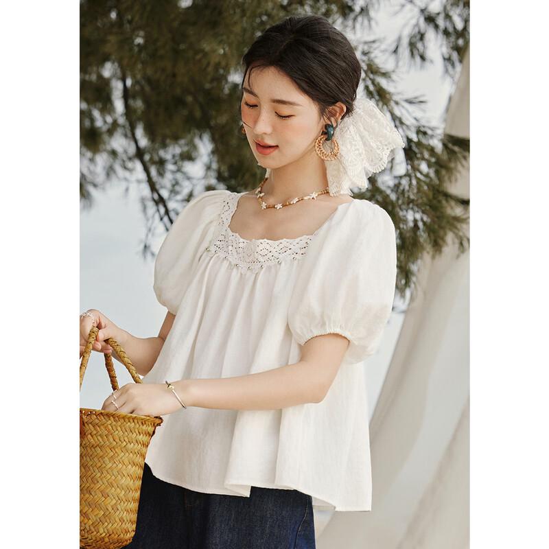 Women's French Style Lace Puff Sleeve Square Neck Blouse