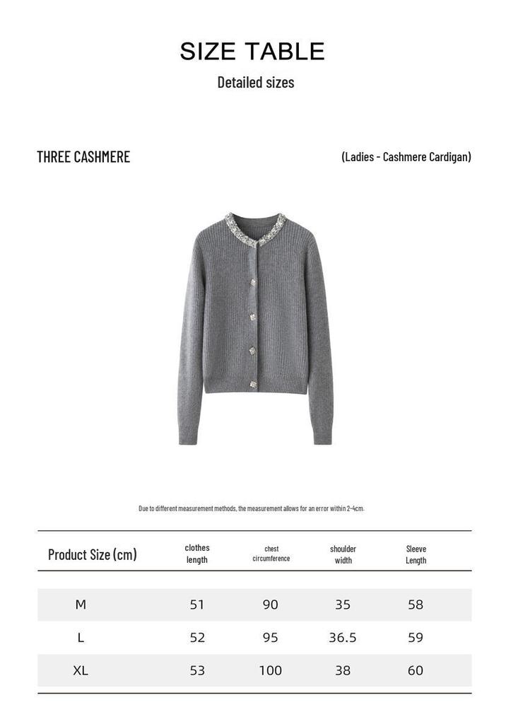 Women's Cashmere Cardigan - Round Neck, Rhinestone Trim, Stylish & Elegant, Perfect for Autumn/Winter.