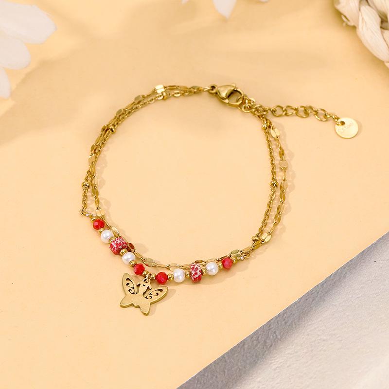 Stainless Steel Butterfly Bracelet: Double-Layer, Light Luxury Design with Natural Stone for Versatile Fashion