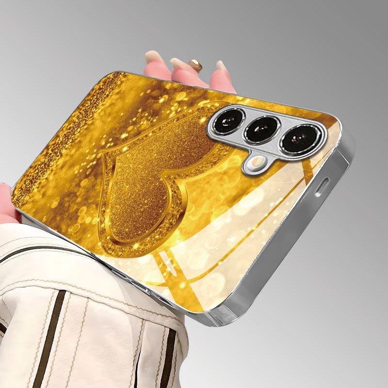 Pozłacany szklany etui na telefon do Samsung Galaxy S26 S25 S24 S23 i S22 Ultra Plus. Błyszczące złote serce.