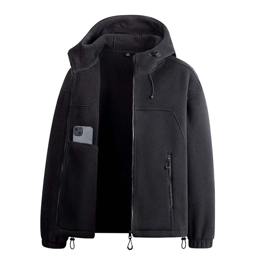 Men's Casual Outdoor Hooded Zipper Pocket Jacket Fleece Warm Sweatshirt