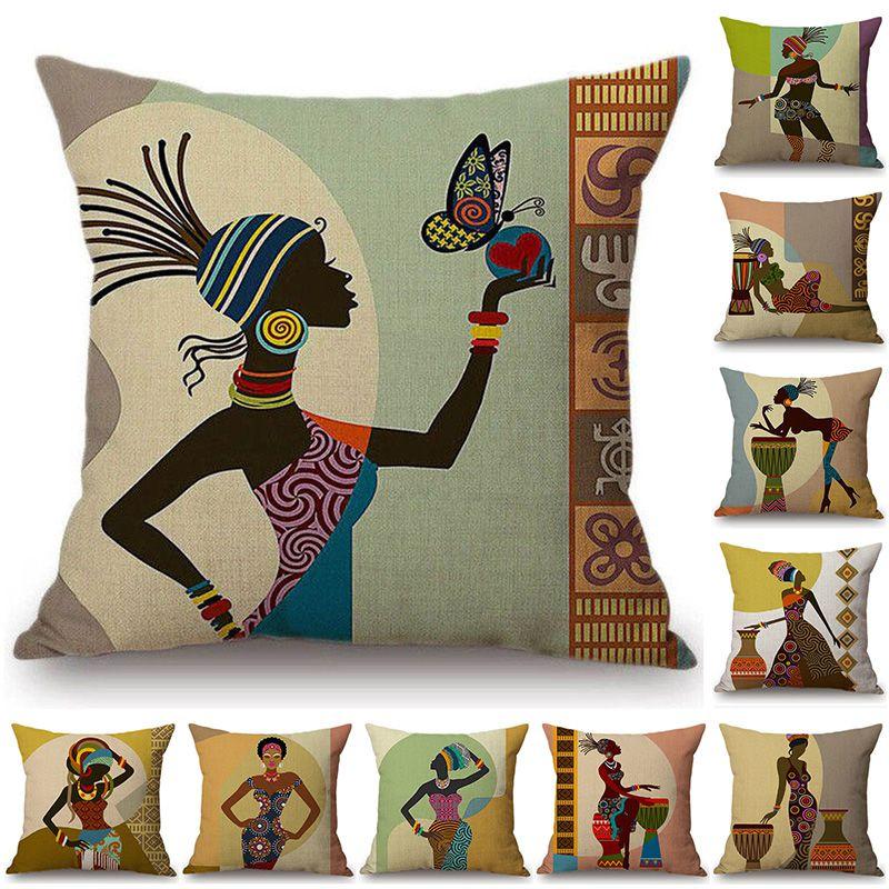 Cartoon Mode Afrikanische Frau Dame Kissenbezüge Premium Leinen Wurfkissenbezug 18 Zoll