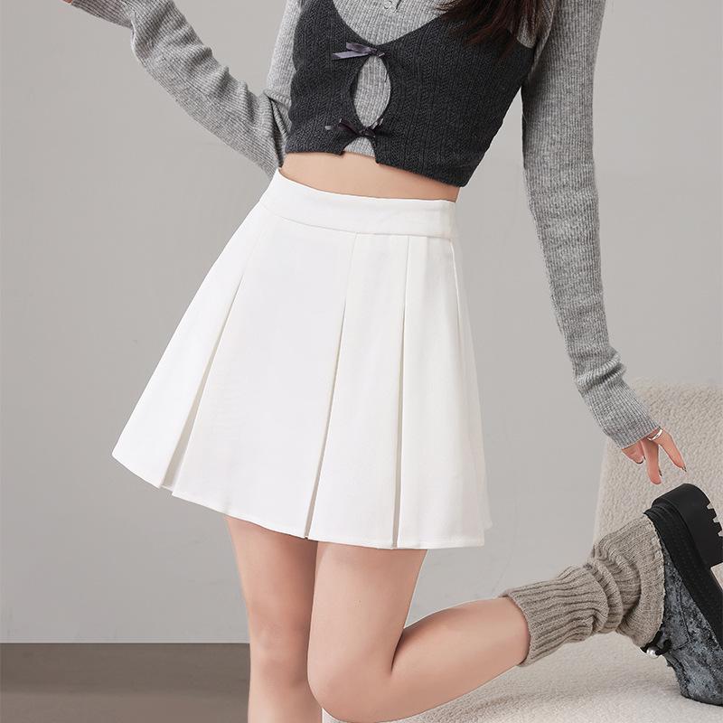 2025 New College Style High-Waisted Pleated Ribbon Skirt Large белый