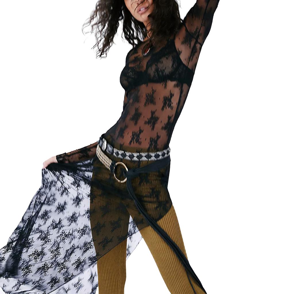 Women 's See-Through Lace Dress, Long Sleeve Round Neck Slit Hem Dress Chemise Beach Vacation Party Wear