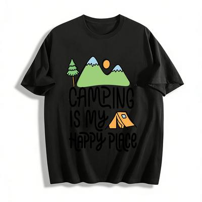 Camping Is My Happy Place Themed Casual Outdoor Top Pure Cotton T-shirt