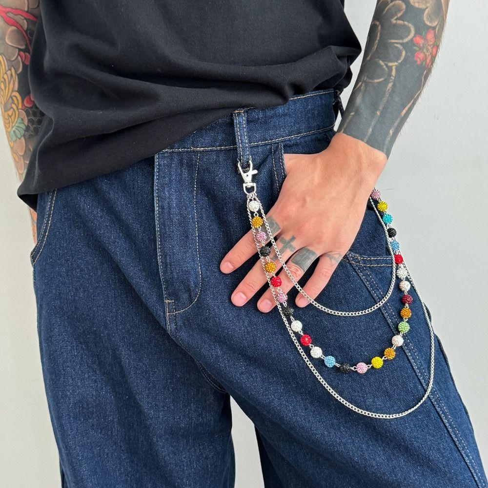 Jeans Chain Punk Belt Chain Zinc Zinc Zinc Alloy Pants Chain Colorful Rhinestone Bead Waist Chain  Female