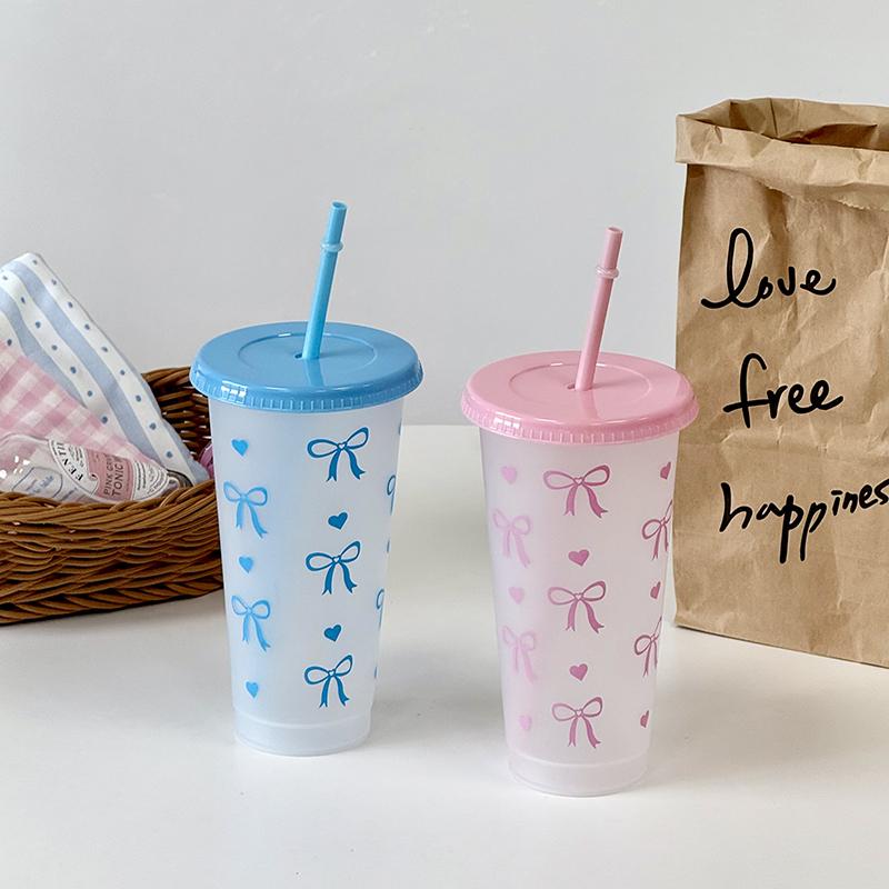 500ml/16oz Cute Bow Glass Cup Tumbler Summer Water Bottle Bow With Lids Straw Coffee Cups for Bubble Tea Iced Coffee Juice Cup