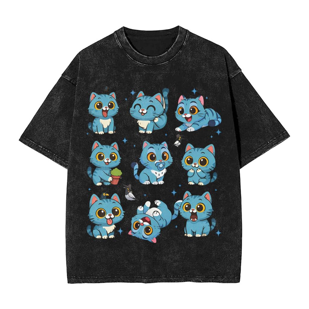 Vintage Derby Blue Tiger Kpop Demon Hunters T-Shirts Men Crew Neck Cotton Washed T Shirt  Short Sleeve Tees Clothes