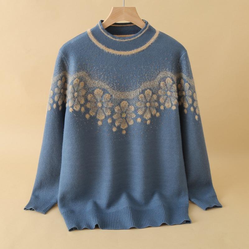 

Mom autumn and winter fleece thickened sweater middle elderly women inside grandma knitted bottoming shirt warm top XL синий