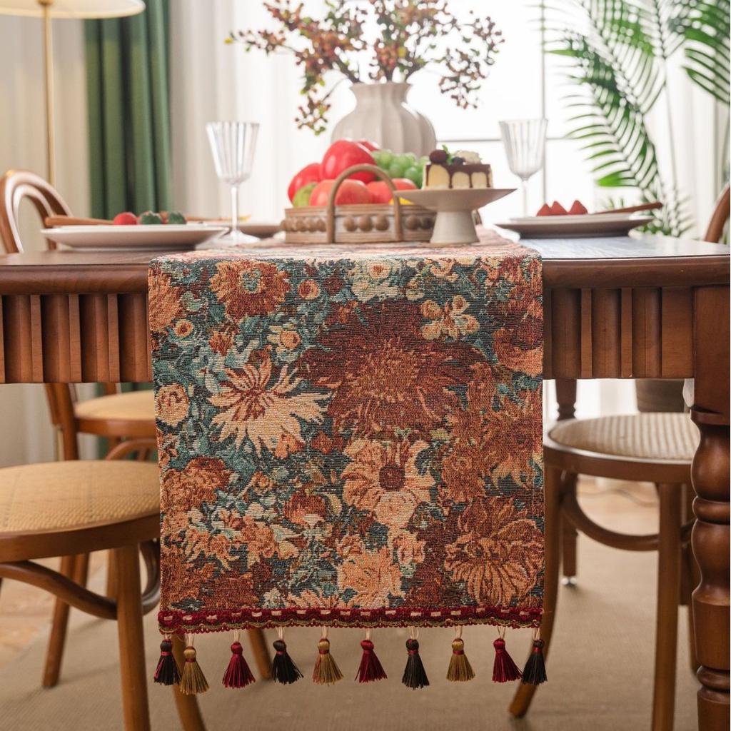Table Runner Jacquard Green Countryside Flower Cluster Tassel Tea Flag Dining Flag Long Strip Thickened