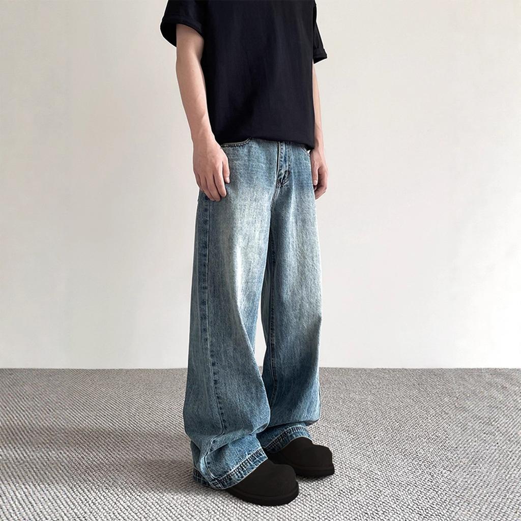 JYL Unisex Straight Jeans American Cleanfit Vintage Blue High-Street Loose Wide-Leg Denim