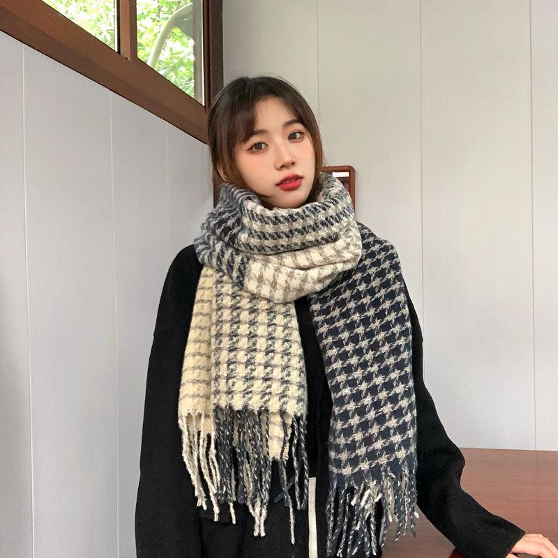 New Scarf Plaid Imitation Cashmere Korean Version Student Versatile British Style Scarf Short Fringe Live Broadcast Thick Shawl