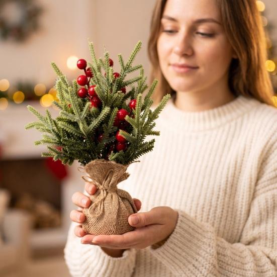 Desktop Holiday Decoration Miniature Christmas Tree with Red Berries, Artificial Mini Pine Burlap for Office Base, Tabletop Faux Small Potted