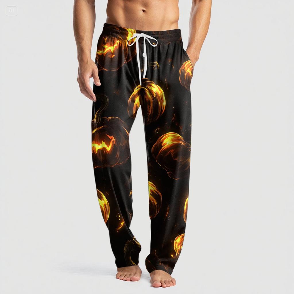 Pánské pletené ležérní kalhoty s kapsami a halloweenským potiskem, pyžamové kalhoty