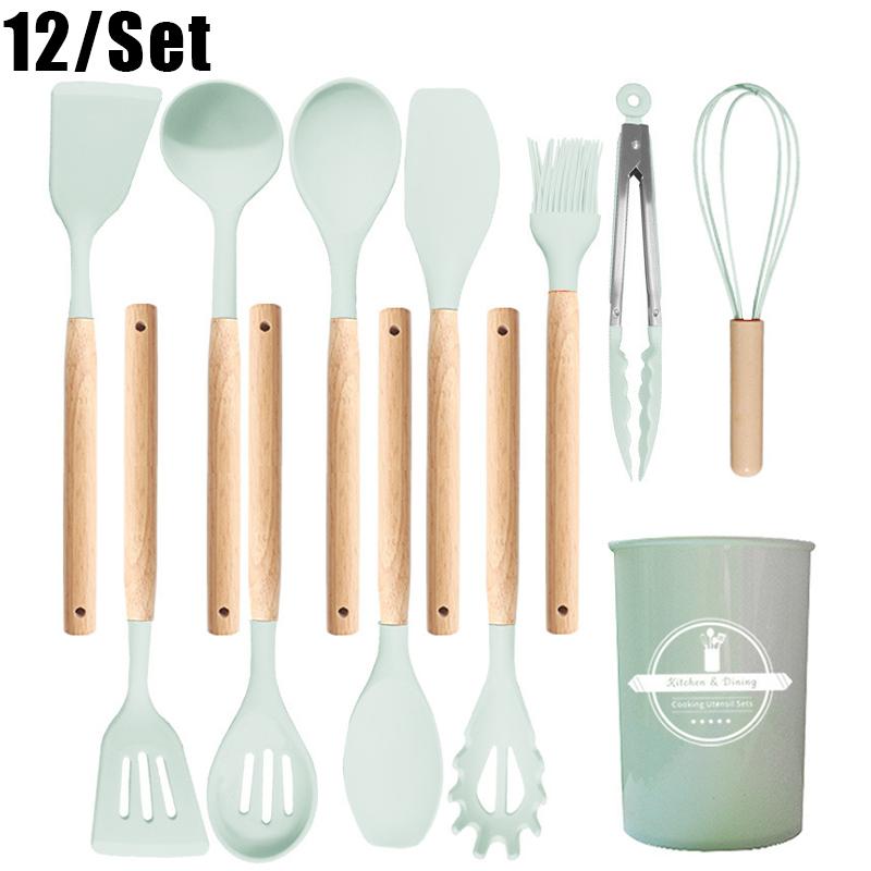 Conjunto de 12 Utensílios de Cozinha com Cabo de Madeira, Silicone Resistente ao Calor, Anti-riscos e Livre de BPA