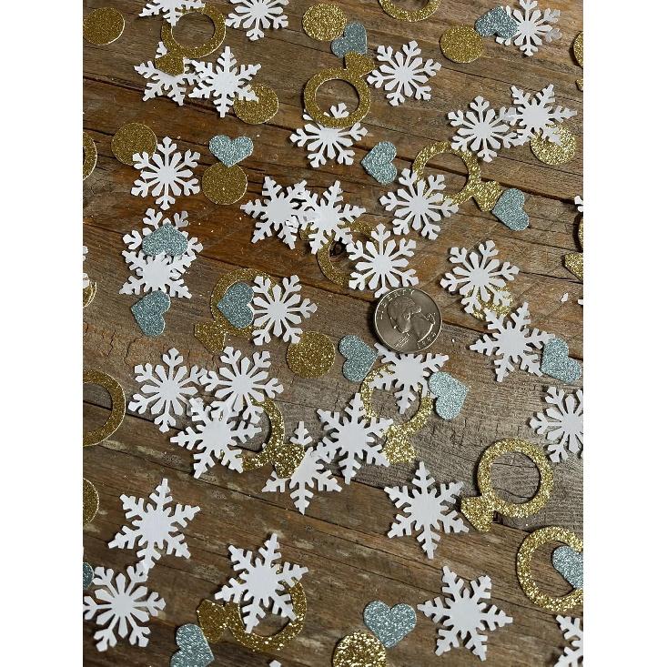 100PCS Snow In Love Bridal Shower Bachelorette Party Table Scatter,Diamond Ring And Snowflake Confetti for Winter Bridal Shower Decorations,Snow In