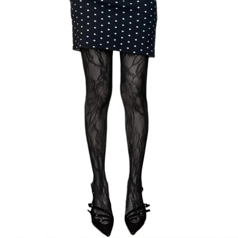 Women See Through Fishnet Mesh Pantyhose Stockings Aesthetic Elegant Hollowed Out Plant Flower Patterned Tights Leggings