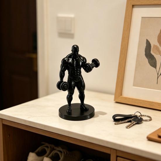 Ozdoba Podnosząca Ciężary Drukowana 3D, Czarna Statua Mięśniaka, z Hantlami Rzeźba na Biurko do Siłowni Prezent dla Osób Kochających Fitness